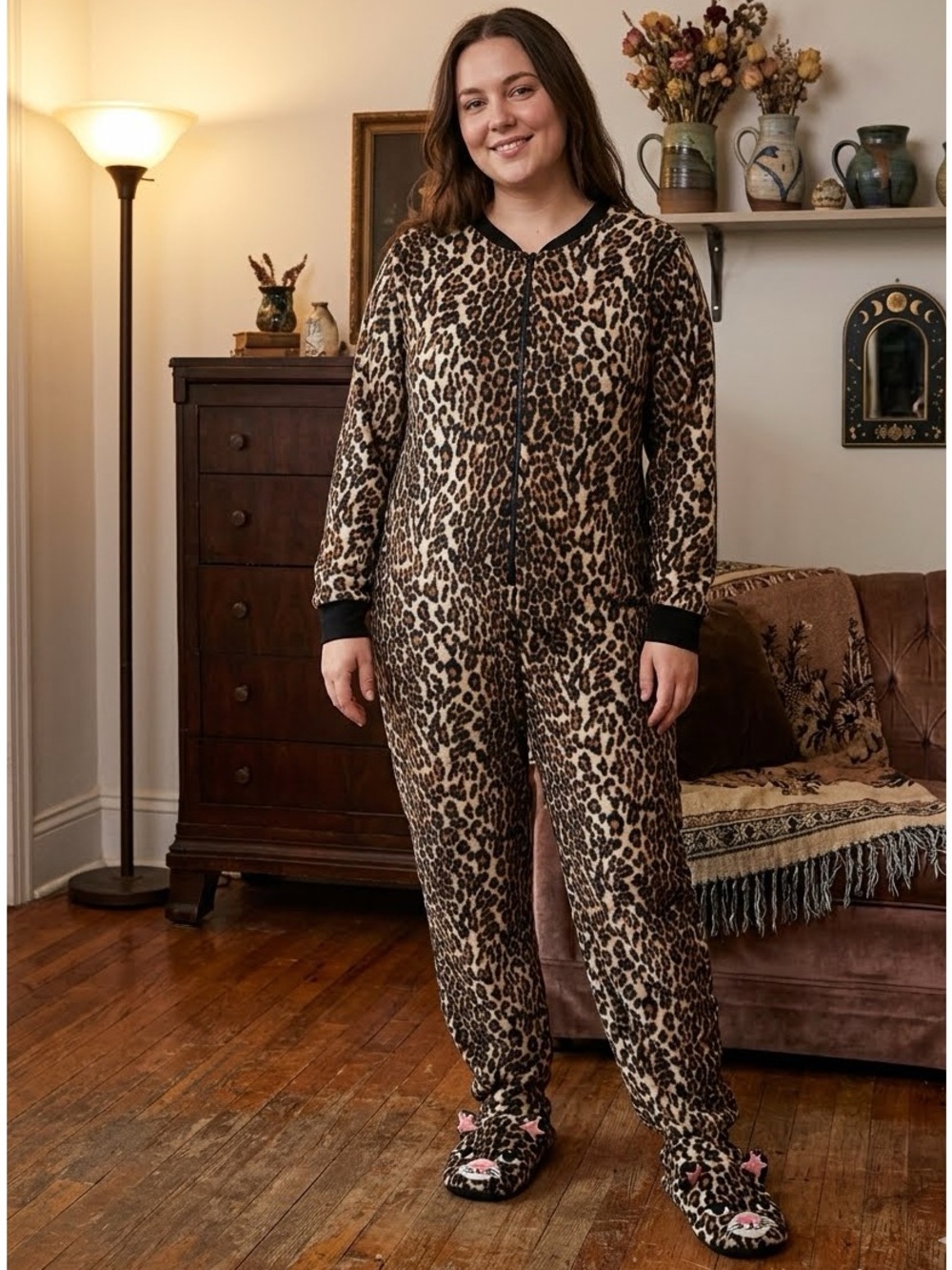 Nick and Nora Fleece Leopard Footie Pajamas SZ M Y2K Cozy Whimsigoth Movie Night